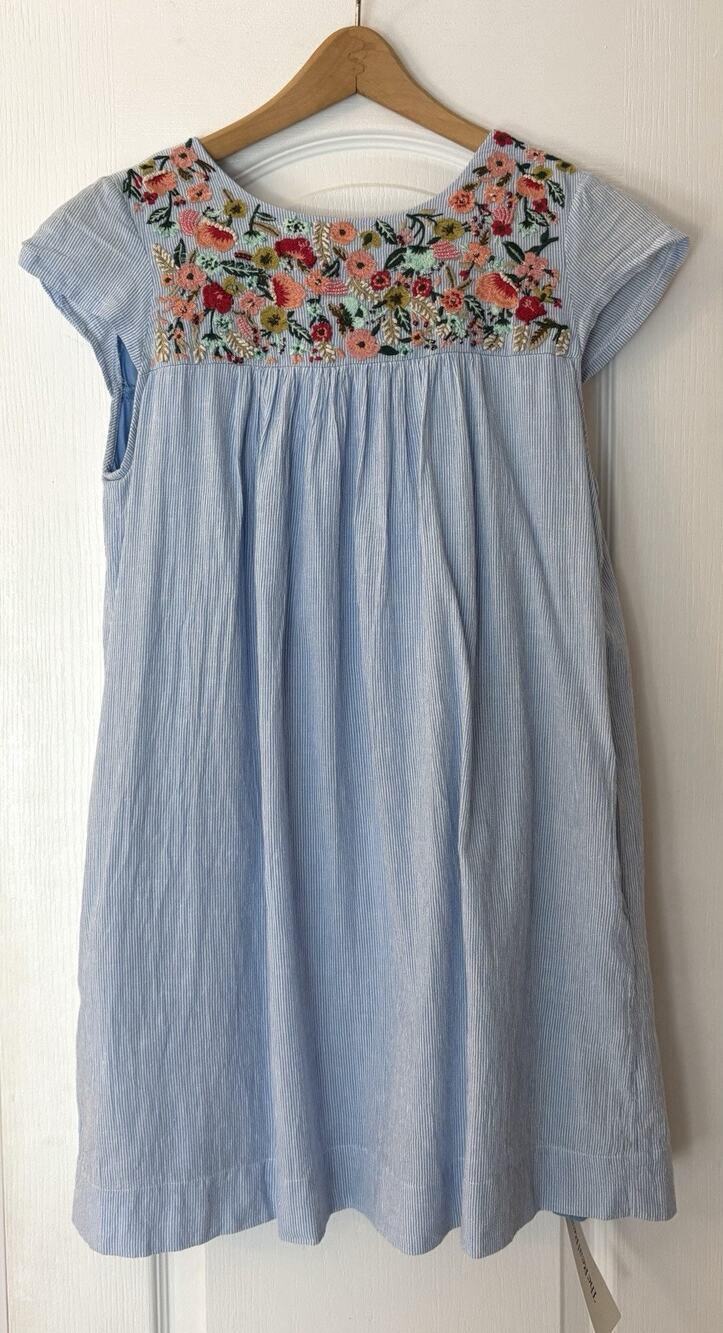Anthropologie Maeve Beaded Mini Dress Size 2P Blue Pockets Floral Pinstripe